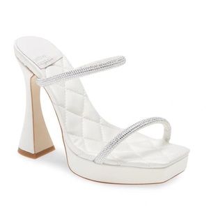 Jeffrey Campbell “Movie” Platform Mule in Satin White and Rhinestones